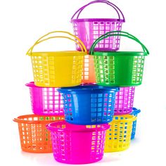 colorful plastic baskets stacked on top of each other