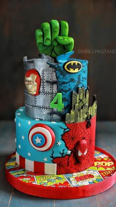 a birthday cake made to look like the avengers