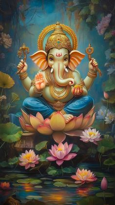 a painting of an elephant sitting on top of a body of water surrounded by flowers