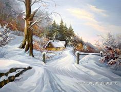 a painting of a snow covered road with a house in the distance and trees on either side