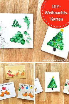 kids's christmas cards made with watercolors and handprinted pictures on them