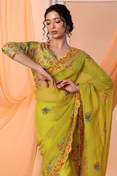 Yellow pre-draped saree with floral print and sequins, beads, cutwork edged embroidery. Paired with coordinating padded cutwork edged blouse. - Aza Fashions Yellow Pre-draped Saree With Zari Work, Traditional Yellow Semi-stitched Pre-draped Saree, Yellow Embroidered Pre-draped Saree, Yellow Semi-stitched Pre-draped Saree, Yellow Semi-stitched Art Silk Pre-draped Saree, Cotton Sarees Handloom, Dhoti Saree, Draped Saree, Blouse Cotton