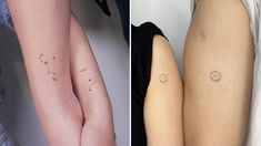 two pictures side by side, one shows the same tattoo on both legs and the other shows