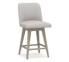 an upholstered bar stool with a grey fabric seat and back, viewed from the front