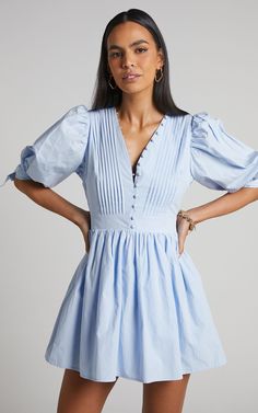 Zandra Mini Dress - Puff Sleeve Poplin Dress in Icy Blue | Showpo USA Rush Outfits, Recruitment Outfits, Rush Dresses, Couture Mode, Light Blue Dresses, Poplin Dress, Gameday Outfit, Icy Blue, Blue Mini Dress