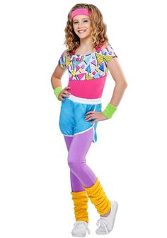 PRICES MAY VARY. Size: Medium COSTUME INCLUDES: This Kid's 80's Work It Out Costume is a bodacious retro outfit that's the perfect way for your girl to experience the exercise craze of the 80s! The costume outfit comes with a pink leotard, a geometric print crop top, purple leggings, blue shorts, a pink headband, green wristbands, and yellow leg warmers. FROM FUN COSTUMES: Our goal is to help you have exciting and fun costume experiences! And with this throwback workout outfit for girls, your ch 80s Female Halloween Costumes, Girls 80s Outfits Kids, 80s Girls Outfits, 80s Costume Kids, 80s Girl Costume, 80s Bachelorette, 80s Themed Outfits, Cute 80s Outfits, 80s School