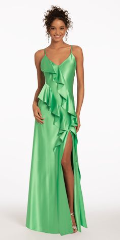 Satin Ruffle Front Slip Dress with Side Slit – Camille La Vie Ceremony Outfit, Rhinestone Handbags, Green Maxi Dress, Senior Prom Dresses, Silver High Heels, Senior Prom, Green Maxi, Gowns Online, Maxi Dress Green