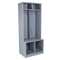 a gray locker with two shelves and one door on each side, in front of a white background