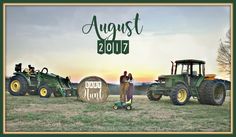 two men standing in front of tractors with the words august studios above them and an image of