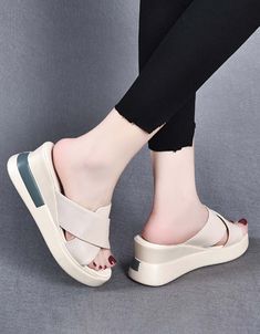 Features: Item Type: Wedge Slippers Brand: Obiono Gender: Female Main Material: Cowhide Heel Type: Wedge Upper Material: Cow Leather Heel Height: Mid (5 cm) Closure Type: Slip-on Color: Brown, Black Season: Summer Size:35-40 Wedge Slippers, Spring Sandals, Wedge Flip Flops, Mary Jane Shoes Womens, Summer Slippers, Loafer Slippers, Slippers Women, Wide Shoes, Chunky Boots