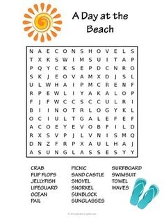 a day at the beach word search printable for kids to use on their summer activities