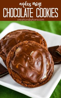 chocolate cookies on a white plate with text overlay