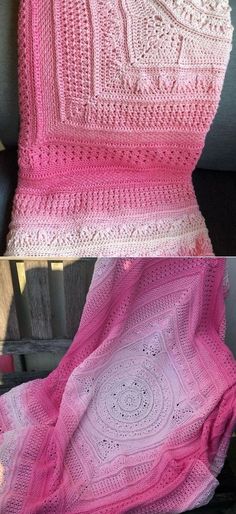 crocheted afghan blanket with pink and white yarn on the bottom, in two different stages