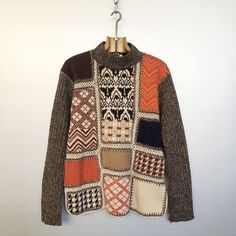 Beautiful vintage patchwork knitwear. Fall colours with beige, brown and orange. Houndstooth, stripes, check and geometric patterns. Boho style. MATERIALS & CONDITION Material is 65% acrylic / 25% wool Condition is : very very good vintage condition MEASUREMENTS Size is women M, loose fit (refer to measurements) Do not hesitate to DM if you have any questions ! Shoulder seam to shoulder seam : 48cm / 19in Armpit to armpit : 56cm / 22in Sleeve (shoulder seam to bottom) : 61cm / 24in Front length Brown Patchwork Sweater For Fall, Brown Wool Sweater For Fall, Beige Patchwork Sweater For Winter, Retro Plaid Sweater For Fall, Retro Patchwork Winter Sweater, Retro Patchwork Sweater For Winter, Multicolor Geometric Pattern Sweater For Fall, Retro Patchwork Sweater For Fall, Fall Retro Patchwork Sweater