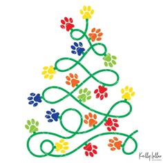 a colorful christmas tree with paw prints on it