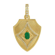 This Necklace Pendant is handmade in 14k Gold :5.9 grams , Diamond :0.37 cts, Emerald :0.42 cts BEANT-8058 Pendant Length- 38X22 MM This jewelry is made by hand featuring detailed workmanship. Be careful to avoid dropping or banging as physical impacts can result in damage to the pieces including stones falling off. To care for your jewelry, take caution to keep away from harsh chemicals, Perfume, and Water. You may wipe with a clean polishing cloth to maintain a beautiful shine. Keep in mind th Gold Shield, Premium Jewelry, April Birthstone Jewelry, Pendant Diamond, Forever Jewelry, Pearl Jewellery Earrings, Evil Eye Jewelry, Eye Jewelry, Fine Jewelry Gift