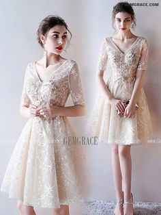 V-neck Lace Dress For Wedding Guest, Beige Short Sleeve Lace Dress For Wedding, Beige V-neck Lace Dress For Party, Beige Short Sleeve Lace Party Dress, Beige Lace Dress With Short Sleeves For Party, For Wedding Dress, Dress With Short Sleeves, Short Homecoming Dress, Short Prom Dress