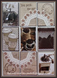 several pictures with coffee and doily on them, including the words you perk me up