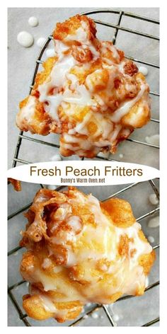 fresh peach fritters on a cooling rack