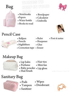 an info sheet with different things to put in the bag and how to use them