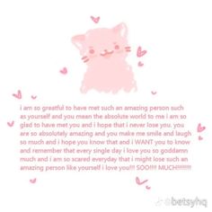 a pink cat with hearts on it's chest and the words i am so grateful to have met such an amazing person