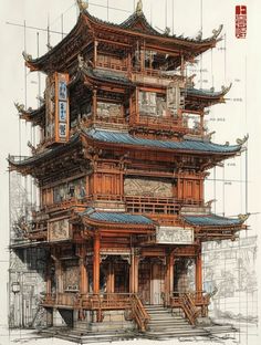 an architectural drawing of a chinese building