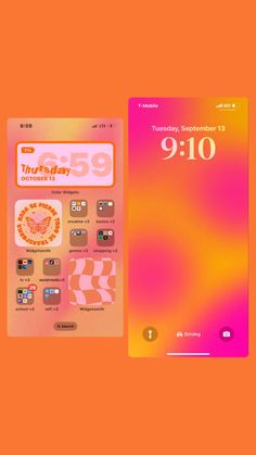 an orange and pink phone with the numbers 9 - 10 on it next to a calendar