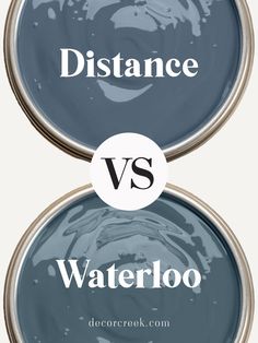 The image shows two open paint cans filled with blue shades of paint. The top can is labeled "Distance," and the bottom can is labeled "Waterloo." Between the two cans, there is a circular shape with the text "VS" indicating a comparison between the two paint colors. The colors appear similar, with "Distance" being a slightly lighter blue compared to the darker and richer blue shade of "Waterloo." Distance Paint Color Sherwin Williams, Sherwin Williams Paint Colors, Trim Color, Complementary Colors, Coordinating Colors, Sherwin Williams, Paint Color, New Ideas, Helpful Hints