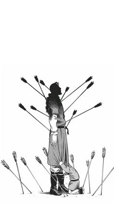 black and white drawing of a person standing in front of arrows