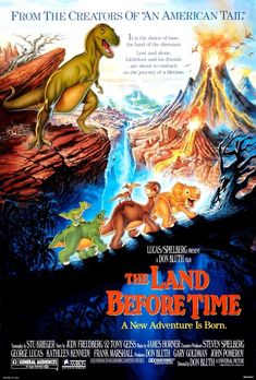 the land before time movie poster from the creator of an american tale, featuring various animals