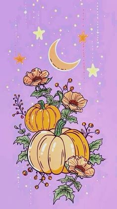 a drawing of pumpkins and flowers on a purple background with the moon in the sky