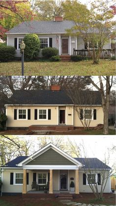 before and after pictures of a house in the fall, from front view to back