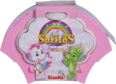 a pink and green toy with an image of two unicorns on the front side