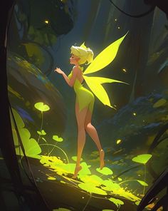 tinkerbell running through the woods in her yellow outfit with green leaves around her