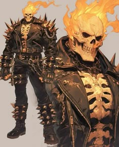 two men in leather jackets with flames on their shoulders and one wearing a skeleton costume