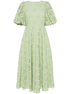 pistachio green cotton broderie anglaise contrasting trim round neck short puff sleeves elasticated cuffs fitted waistline flared skirt concealed rear hook and zip fastening two side inset pockets full lining Elegant Short Sleeve Eyelet Dresses, Green Knee-length Puff Sleeve Summer Dress, Green Puff Sleeve Knee-length Dress For Summer, Chic Short Sleeve Eyelet Dresses, Spring Knee-length Broderie Anglaise Dresses, Green A-line Puff Sleeve Dress For Spring, Green Puff Sleeve Midi Dress For Spring, Short Sleeve Eyelet Dress For Daywear, Midi Dress With Cutwork Hem And Short Sleeves