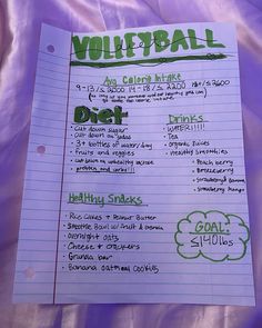 a sheet of paper with writing on it that says volleyball and other sports related items