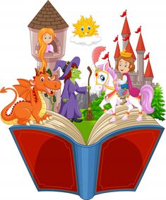 an open book with cartoon children riding on the horse and dragon in front of it