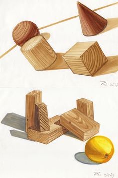 two drawings of woodworking and an orange