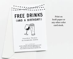 a birthday card with an image of a glass of wine and the words free drinks and a birthday on it