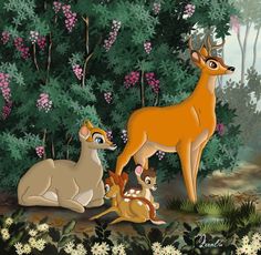 an animated scene with deer and fawns in the forest, one is looking at another