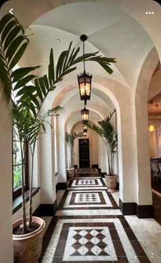 the hallway is lined with potted plants and decorative tile flooring, along with an arched doorway