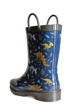 Make rainy days more fun with this durable rain boot constructed from water-resistant rubber with colorful print and a grippy traction sole. This style includes top pull handles on walker and toddler sizes for easy on-off action. Top handles not included on little kid sizes 1–2 Rubber upper/synthetic lining/rubber sole Imported Waterproof Blue Rain Boots With Round Toe, Blue Waterproof Rain Boots With Round Toe, Weatherproof Blue Rain Boots For Outdoor, Blue Waterproof Boots For Rainy Weather, Blue Weatherproof Boots For Rainy Weather, Insulated Blue Rain Boots For Outdoor, Weatherproof Blue Boots For Rainy Weather, Blue Round Toe Rain Boots, Blue Non-slip Boots For Outdoor