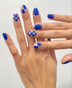 Blue Checkered Nails, Checkered Nails, Nautical Nails, Subtle Nails, Simple Gel Nails, Pretty Nail Art Designs, Instagram Nails, Trendy Nail Art