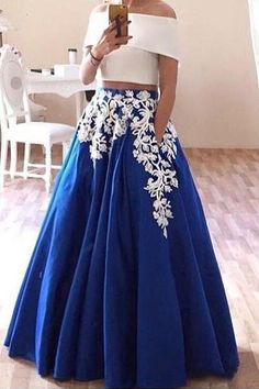 Blue Formal Dresses, Gowns Blue, Two Piece Prom Dress, Prom Dresses Off The Shoulder, Two Piece Prom, Off Shoulder Evening Dress, Royal Blue Prom Dresses, Blue Dress Formal