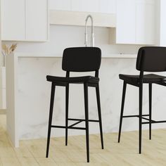 Set of 2 Faux Leather Contemporary Black Metal Frame Barstools with Integrated Footrest Black - Merrick Lane Color: One Color. Pattern: Solid. Black Bar Stools Kitchen, Leather Barstools, Black Stool, Island Chairs, Bar Stools Kitchen Island, Bar Stools With Backs, Contemporary Bar, Stools With Backs, Leather Bar Stools