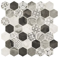 a black and white hexagonal tile pattern with many different designs on the tiles