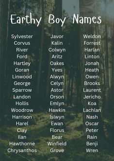 the earthy boy names are shown in this poster, which includes trees and grass