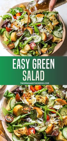 two plates filled with salad on top of a white countertop and the words easy green salad