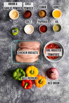 ingredients to make chicken breast recipe laid out on a grey background with text overlay